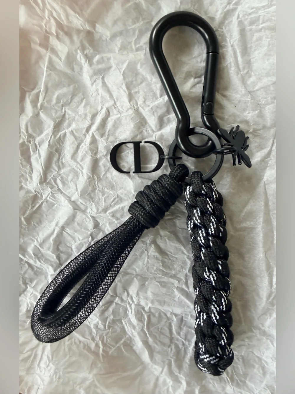 NEW in Box Dior Black Bee & CD Bag charm/Key Ring w Black Netted & Rope Loops